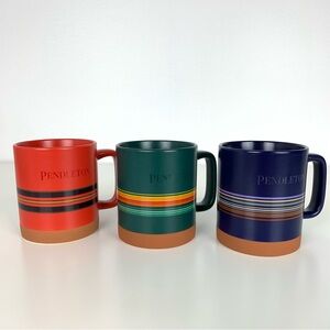 Set Of 3 Pendleton Woolen Mills Mugs Green Red Blue Striped 18 Oz Elegant